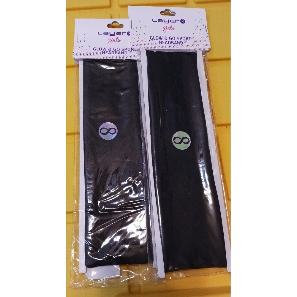 NEW Layer 8 Girls Black Glow &‎ Go Sport Headbands x2